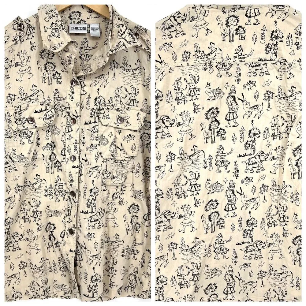 Chico's Tribal Print Button Up Shirt Pockets Chico's Size 1 - Womens 8 **READ**
